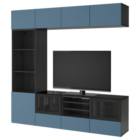 Шкаф для ТВ, комбинированный, стекляные дверцы БЕСТО, черно-коричневый Вальвикен, темно-синий прозрачное стекло (240x40x230 см)