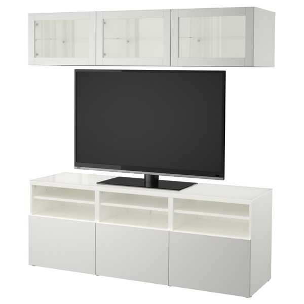 Шкаф для ТВ, комбинированный, стекляные дверцы БЕСТО, белый Лаппвикен, Синдвик светло-серый прозрачное стекло (180x40x192 см) - фото 1