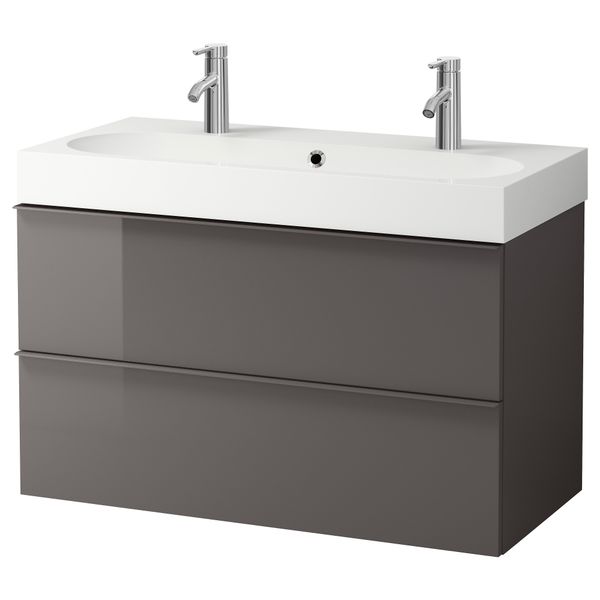 Шкаф для раковины с 2 ящиками ГОДМОРГОН / БРОВИКЕН, глянцевый серый (100x49x68 см) - фото 2