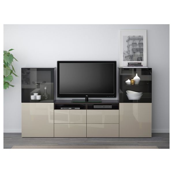 Шкаф для ТВ, комбинированный, стекляные дверцы БЕСТО, черно-коричневый, Сельсвикен глянцевый/бежевый прозрачное стекло - фото 2