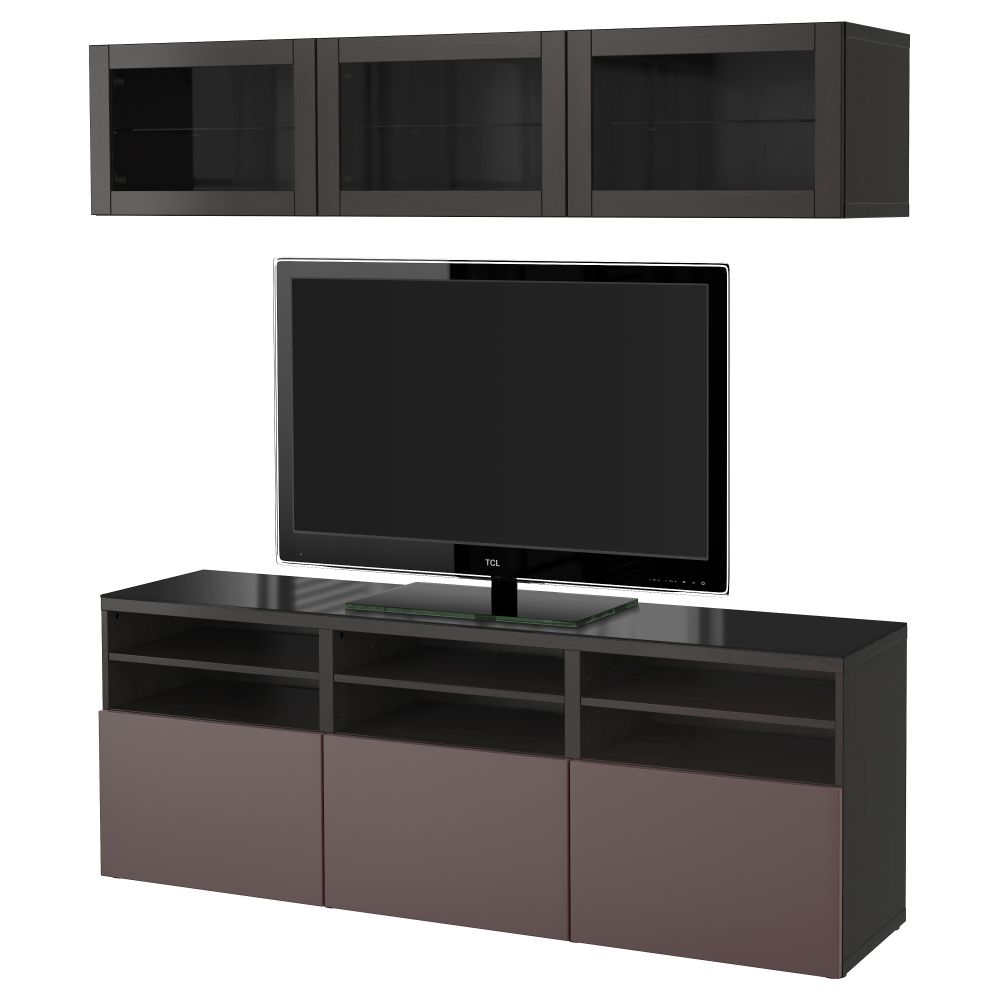 Шкаф для ТВ, комбинированный, стекляные дверцы БЕСТО, черно-коричневый, Вальвикен темно-коричневый, прозрачное стекло - фото 1