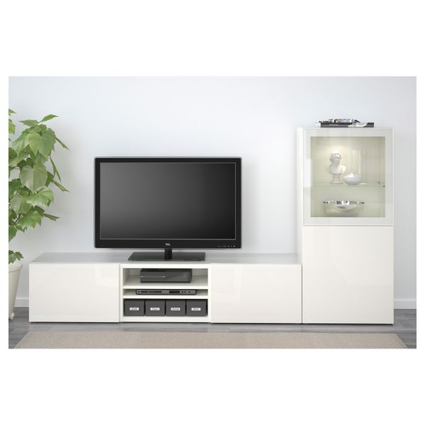 Шкаф для ТВ, комбинированный, стекляные дверцы БЕСТО, белый, Сельсвикен глянцевый/белый прозрачное стекло (240x40x128 см) - фото 2