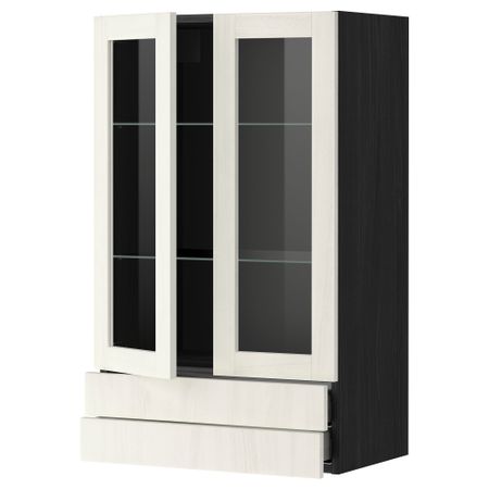 Навесной шкаф, 2 стеклянные дверцы, 2 ящика МЕТОД / МАКСИМЕРА, черный, Росдаль белый
