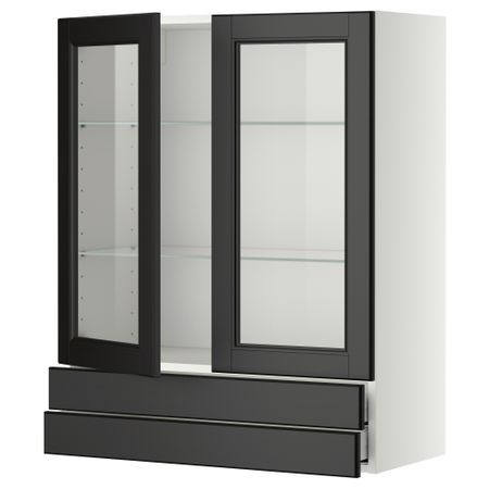 Навесной шкаф, 2 стеклянные дверцы, 2 ящика МЕТОД / МАКСИМЕРА, белый, Лаксарби черно-коричневый