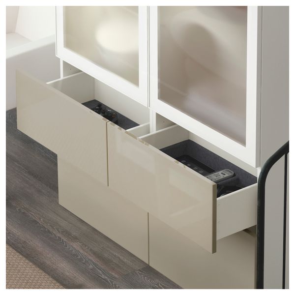 Комбинация для хранения со стеклянными дверцами БЕСТО, под беленый дуб, Сельсвикен глянцевый/бежевый матовое стекло (120x40x128 - фото 3