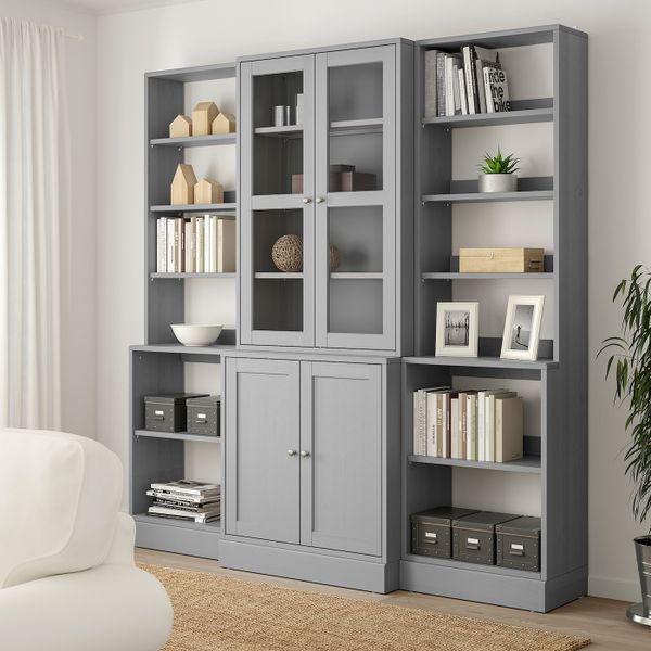 Комбинация для хранения + стеклянная дверц, серый 203x47x212 см IKEA HAVSTA ХАВСТА 992.659.25 - фото 2