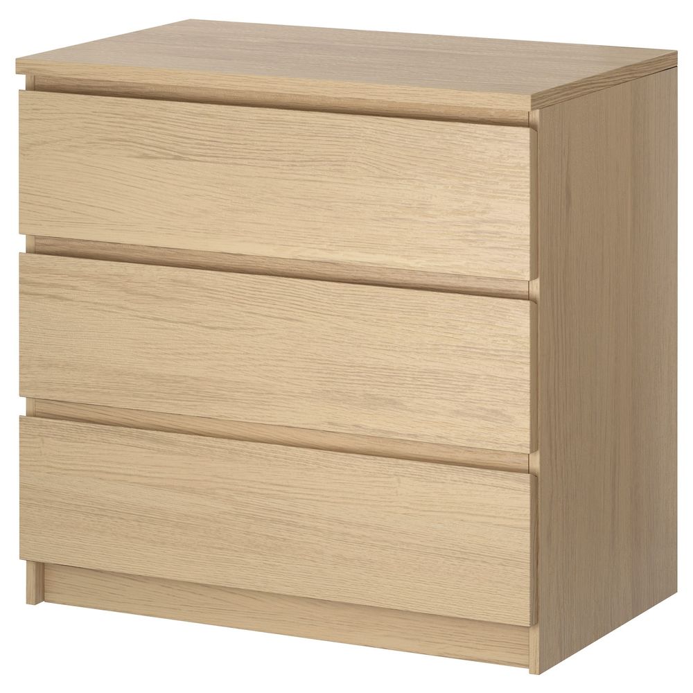 Комод с 3 ящиками, дубовый шпон, беленый 80x78 см IKEA MALM МАЛЬМ 303.685.39 - фото 1