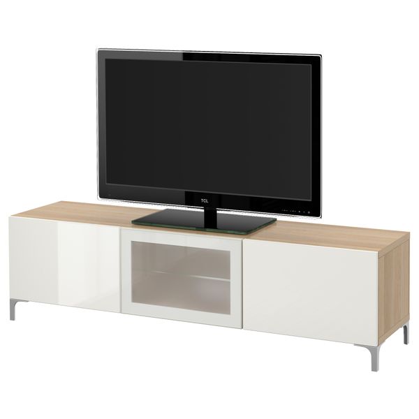 Тумба под ТВ с ящиками и дверцей БЕСТО, под беленый дуб, Сельсвикен глянцевый/белый матовое стекло (180x40x48 см) - фото 1