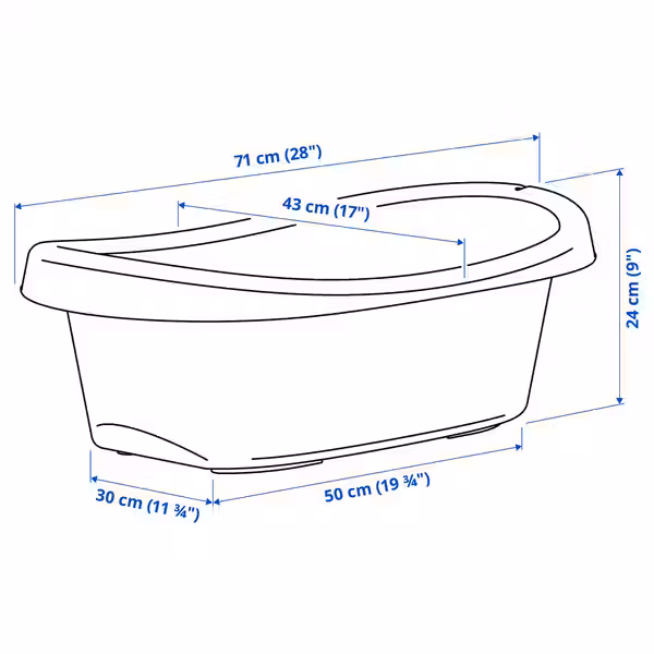 LÄTTSAM Ванночка детская - белый/бирюзовый - схема-чертеж с размерами