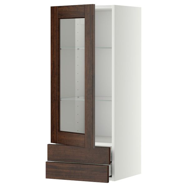 Навесной шкаф, стеклянная дверца, 2 ящика, белый/Эдсерум коричневый 40x100 см IKEA METOD МЕТОД / MAXIMERA МАКСИМЕРА 694.473.57 - фото 1