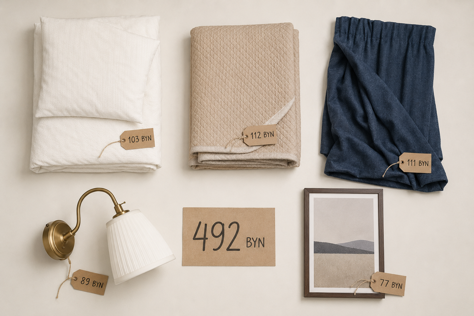 Набор из 5 товаров IKEA для спальни 14 м² за 492 BYN — flat lay