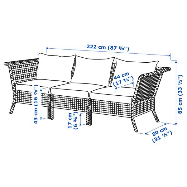 3-местный модульный диван, садовый, черно-коричневый/Холло бежевый 222x80x85 см IKEA КУНГСХОЛЬМЕН 792.288.06 - схема-чертеж с размерами