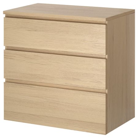 Комод с 3 ящиками, дубовый шпон, беленый 80x78 см IKEA MALM МАЛЬМ 504.035.65