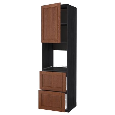 Высокий шкаф для духовки + дверца, 2 форнтальных, 2 высоких ящик МЕТОД / МАКСИМЕРА, черный, Филипстад коричневый