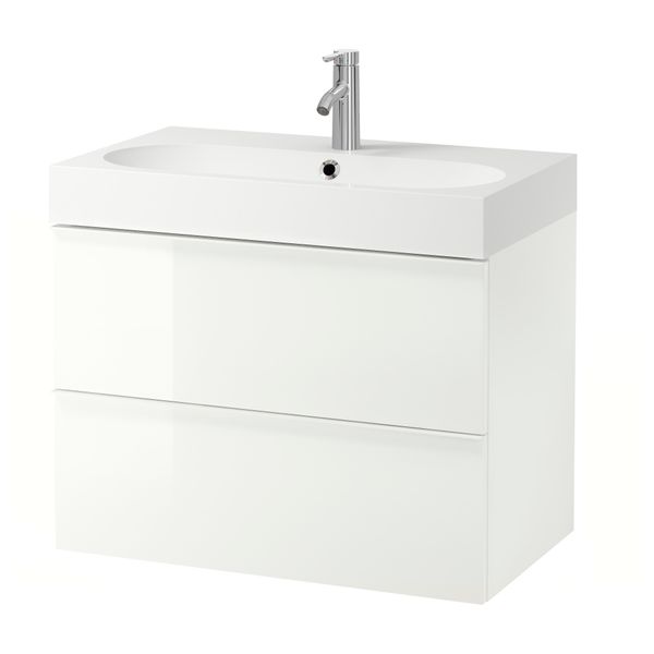 Шкаф для раковины с 2 ящиками ГОДМОРГОН / БРОВИКЕН, глянцевый белый (80x48x68 см) - фото 2