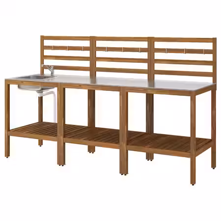 NÄMMARÖ Кухня с мойкой, для улицы - светло-коричневая морилка/нержавеющ сталь 240x62 см