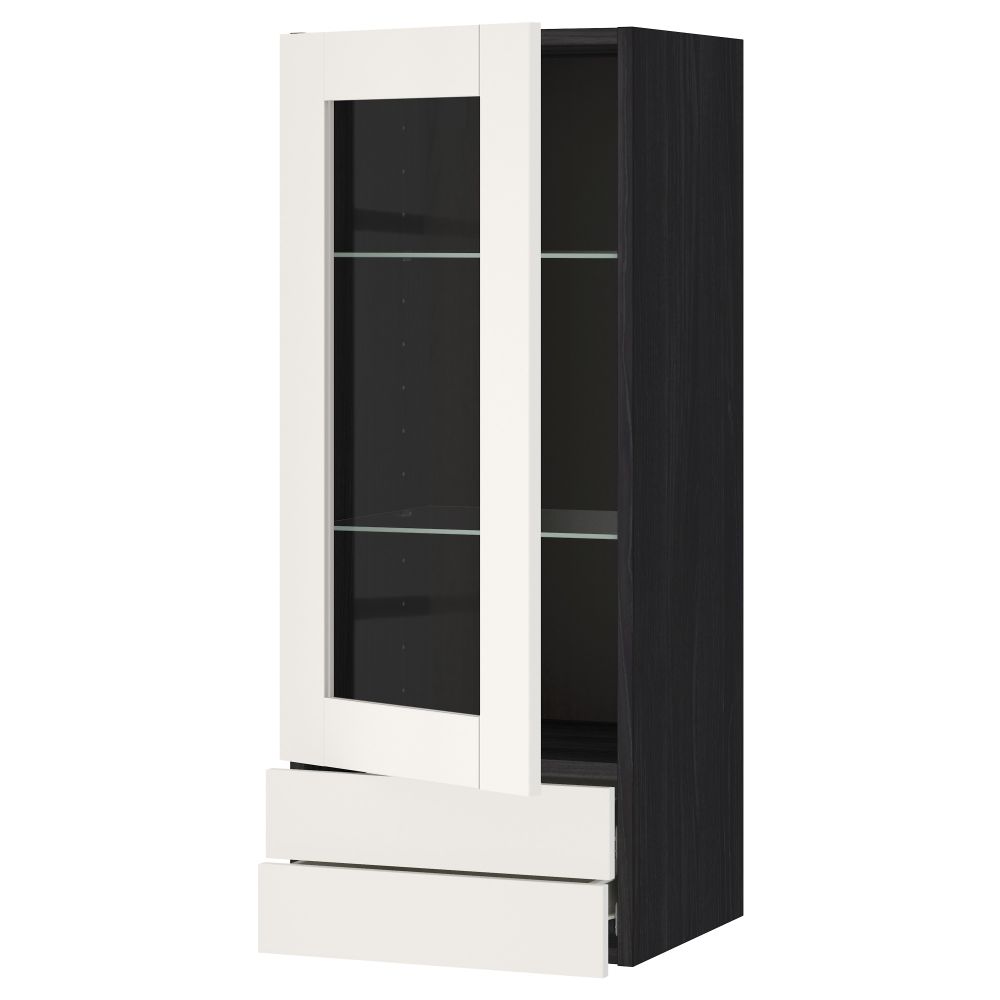 Навесной шкаф, стеклянная дверца, 2 ящика МЕТОД / ФОРВАРА, черный, Сэведаль белый - схема-чертеж с размерами