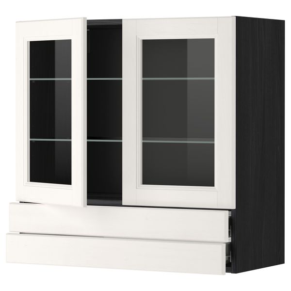 Навесной шкаф, 2 стеклянные дверцы, 2 ящика МЕТОД / ФОРВАРА, черный, Лаксарби белый - фото 1