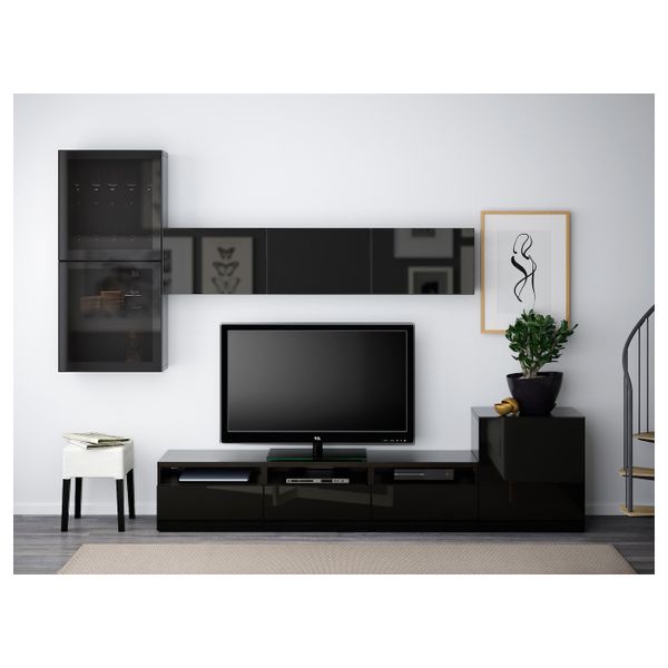 Шкаф для ТВ, комбинированный, стекляные дверцы, черно-коричневый, Сельсвикен глянцевый, черный дымчатое стекло, 300x20/40x211 см - фото 3