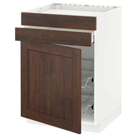 Напольный шкаф для варочной панели, ящик, 2 проволочных корзины МЕТОД / МАКСИМЕРА, белый, Эдсерум коричневый (60x60 см)