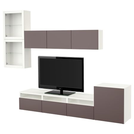 Шкаф для ТВ, комбинированный, стекляные дверцы БЕСТО, белый, Вальвикен темно-коричневый, прозрачное стекло (300x20/40x211 см)