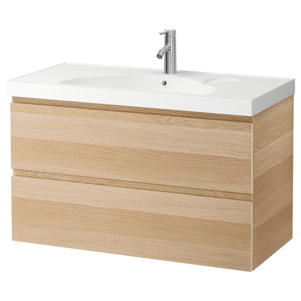 Шкаф для раковины с 2 ящиками ГОДМОРГОН / ЭДЕБОВИКЕН, под беленый дуб (100x49x64 см) - схема-чертеж с размерами