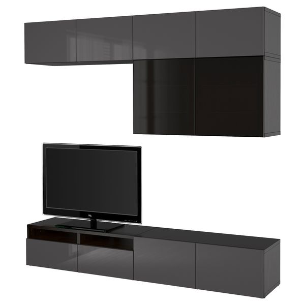 Шкаф для ТВ, комбинированный, стекляные дверцы БЕСТО, черно-коричневый, Сельсвикен глянцевый/серый дымчатое стекло (240x40x230 - фото 1