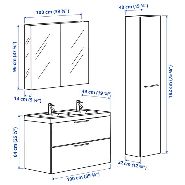 Комплект мебели для ванной, 6 предмета, 103x49x64 cm IKEA ODENSVIK ОДЕНСВИК, GODMORGON ГОДМОРГОН 393.223.25 - схема-чертеж с размерами