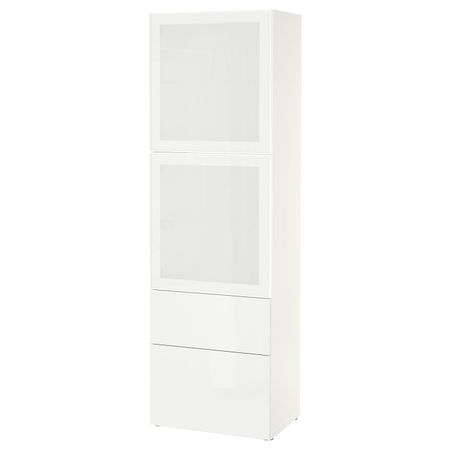 Комбинация для хранения + стеклянная дверц, белый/Сельсвикен глянцевый, белый матовое стекло 60x42x193 см IKEA BESTÅ БЕСТО
