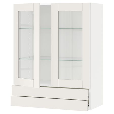 Навесной шкаф, 2 стеклянные дверцы, 2 ящика МЕТОД / ФОРВАРА, белый, Сэведаль белый