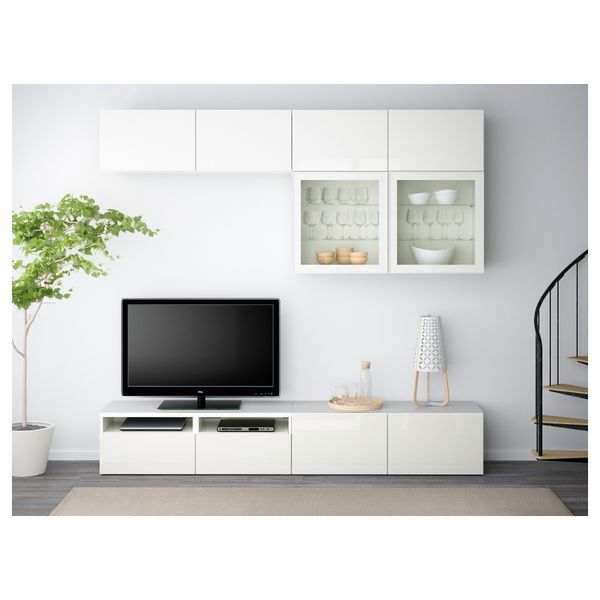 Шкаф для ТВ, комбинированный, стекляные дверцы БЕСТО, белый, Сельсвикен глянцевый/белый прозрачное стекло (240x40x230 см) - фото 2