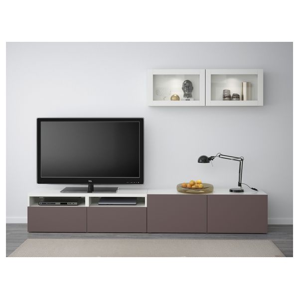 Шкаф для ТВ, комбинированный, стекляные дверцы БЕСТО, белый, Вальвикен темно-коричневый, прозрачное стекло (240x20/40x166 см) - фото 2