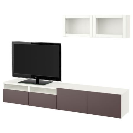 Шкаф для ТВ, комбинированный, стекляные дверцы БЕСТО, белый, Вальвикен темно-коричневый, прозрачное стекло (240x20/40x166 см)