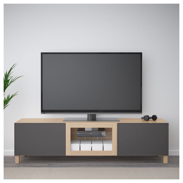 Тумба под ТВ с ящиками и дверцей БЕСТО, под беленый дуб Грундсвикен, темно-серый прозрачное стекло (180x40x48 см) - фото 3