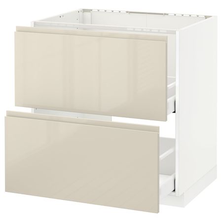 Напольный шкаф под мойку + 2 фронтальных панели, 2 ящ, белый/Воксторп глянцевый светло-бежевый 80x60 см IKEA METOD МЕТОД /