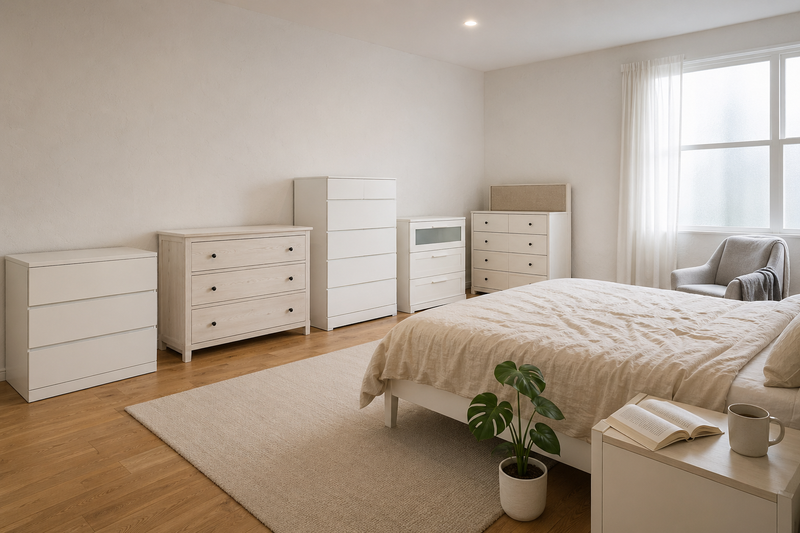 Пять серий комодов IKEA (MALM, HEMNES, NORDLI, BRIMNES, IDANÄS) в светлой скандинавской спальне
