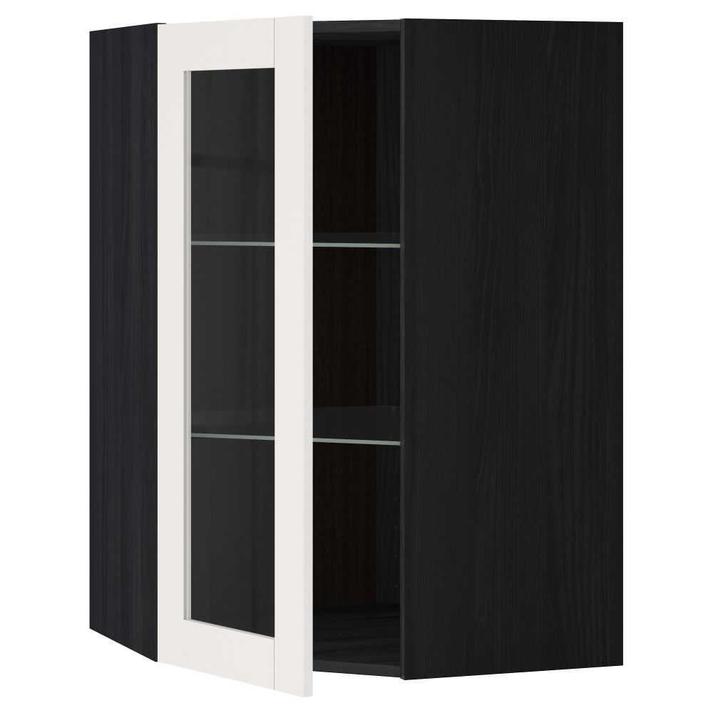 Угловой навесной шкаф с полками, стекляными дверцами МЕТОД, черный, Сэведаль белый - схема-чертеж с размерами