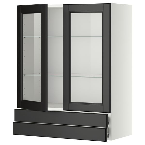 Навесной шкаф, 2 стеклянные дверцы, 2 ящика МЕТОД / ФОРВАРА, белый, Лаксарби черно-коричневый черно-коричневый - фото 1