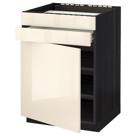 Напольный шкаф для варочной панели, доводчик, 2 фасада, 1 ящик МЕТОД / ФОРВАРА, черный, Рингульт кремовый (60x60 см)