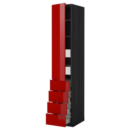Высокий шкаф с полками/6 ящик, дверцами, 4 фронтальные панели МЕТОД / МАКСИМЕРА, черный, Рингульт красный