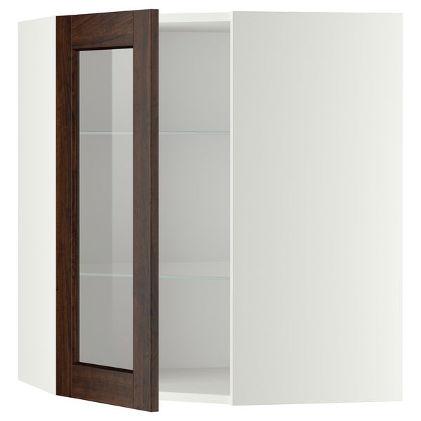 Угловой навесной шкаф с полками, стекляными дверцами МЕТОД, белый, Эдсерум коричневый - схема-чертеж с размерами