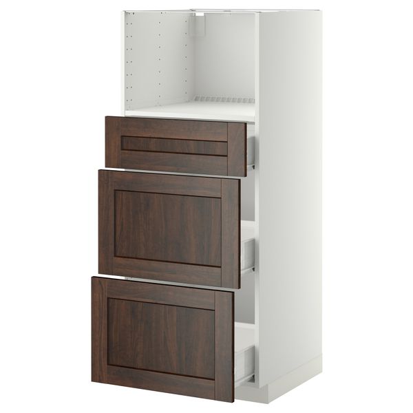 Высокий шкаф для СВЧ с 3 ящиками МЕТОД / ФОРВАРА, белый, Эдсерум коричневый (60x60x140 см) - фото 1