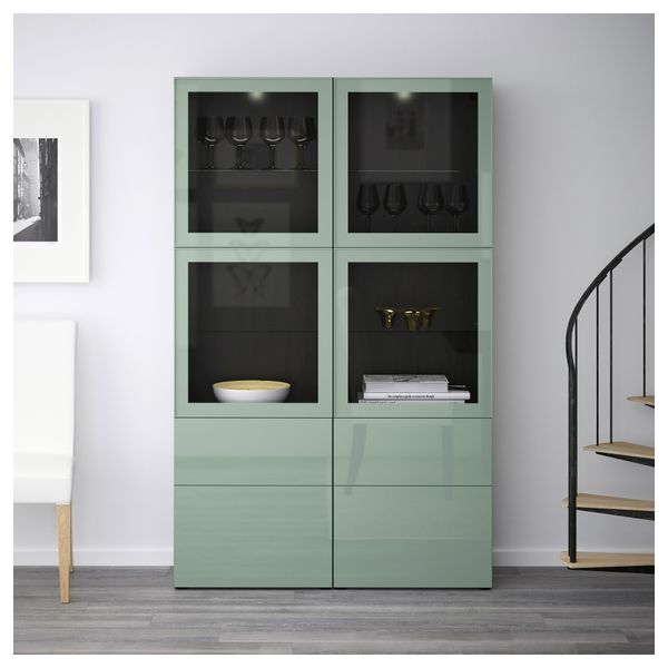 Комбинация для хранения со стеклянными дверцами БЕСТО, черно-коричневый Сельсвикен, глянцевый/серо-зеленый светлый прозрачное - фото 2