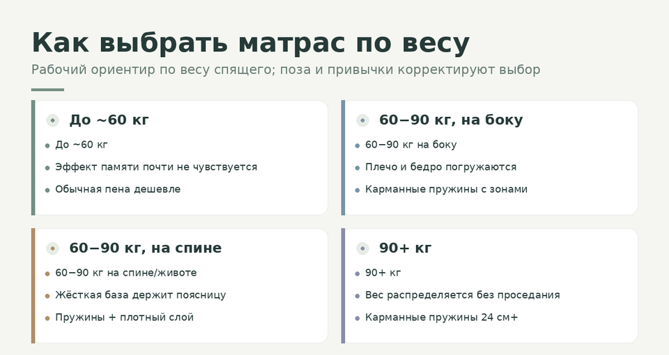 Компас выбора матраса ИКЕА по весу спящего: до 60 кг, 60−90 кг на боку, 60−90 кг на спине, 90+ кг − с рекомендованной конструкцией для каждого диапазона