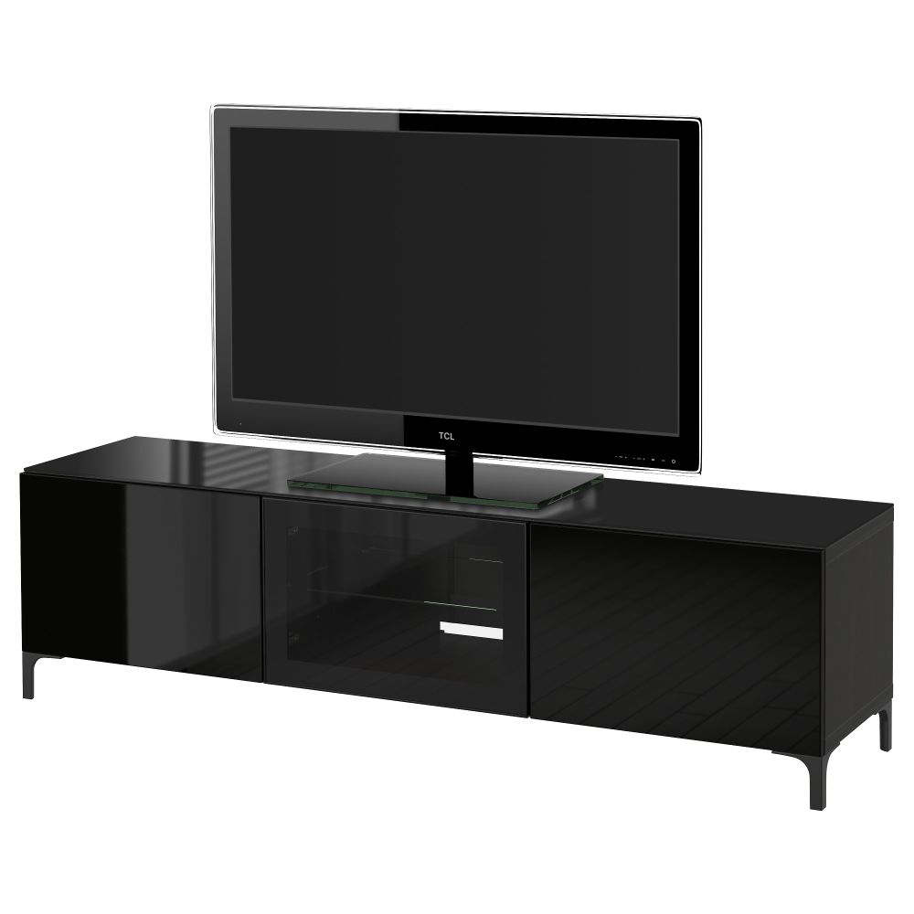 Тумба под ТВ, с дверцами БЕСТО, черно-коричневый, Сельсвикен глянцевый/черный прозрачное стекло (180x40x38 см) - фото 1