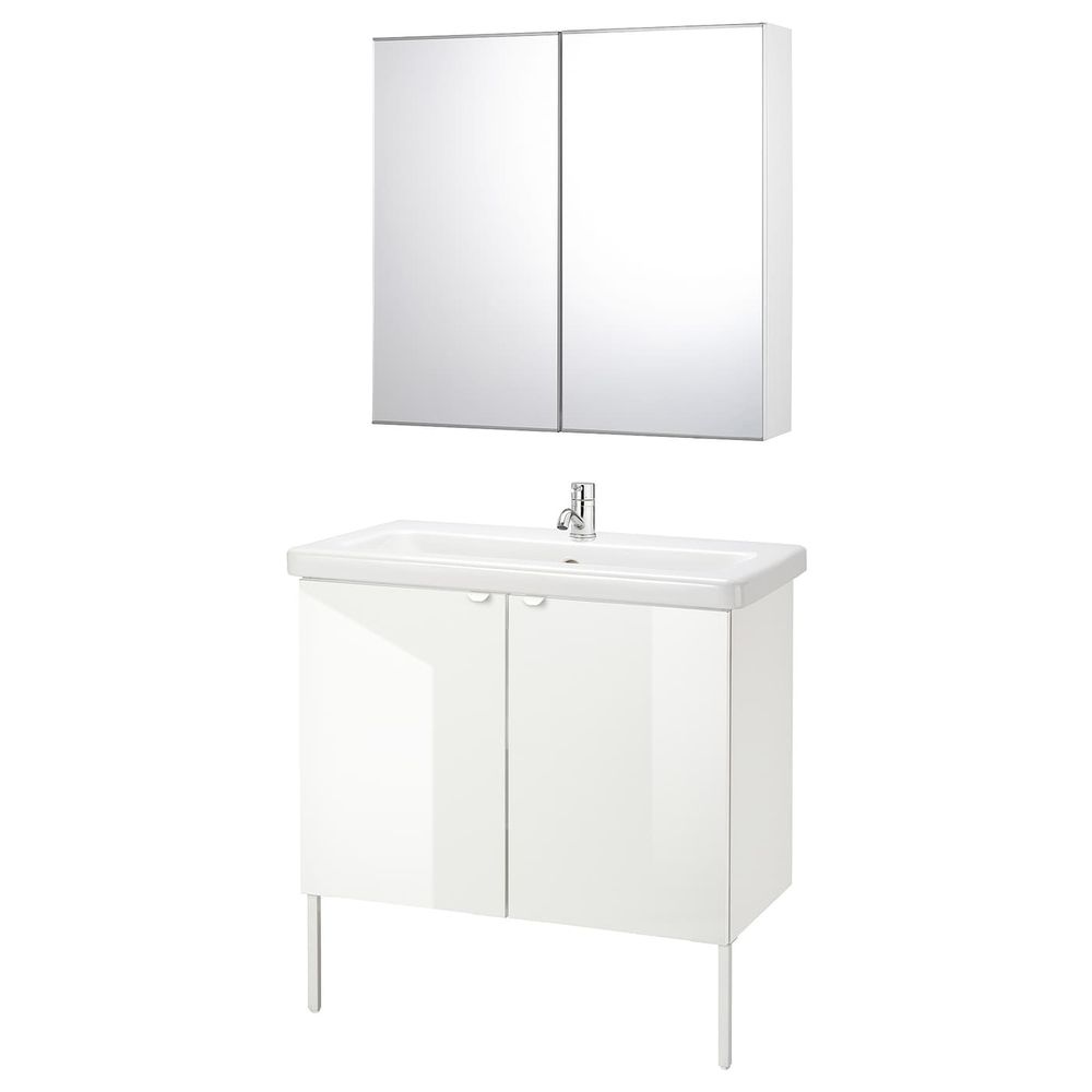 Комплект мебели для ванной,7 предм., глянцевый белый/ПИЛКОН смеситель 84x43x88 см IKEA FISKÅN ФИСКОН / TVÄLLEN ТВЭЛЛЕН - фото 1