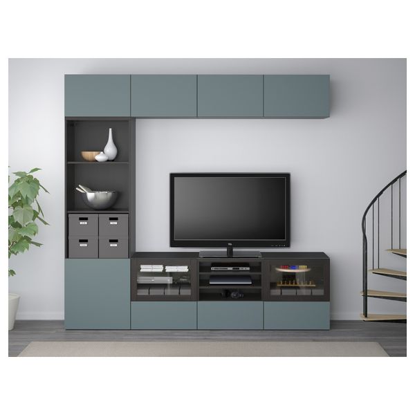 Шкаф для ТВ, комбинированный, стекляные дверцы БЕСТО, черно-коричневый, Вальвикен серо-бирюзовый, прозрачное стекло (240x40x230 - фото 2