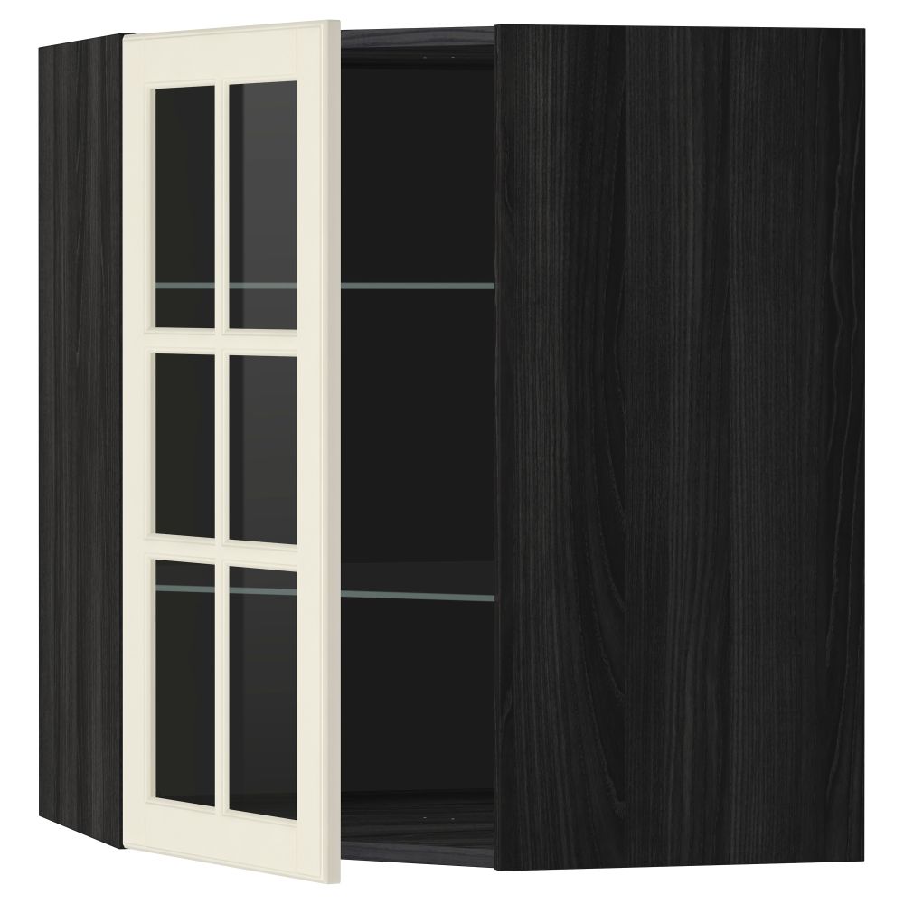 Угловой навесной шкаф с полками, стекляными дверцами МЕТОД, черный, Будбин белый с оттенком - схема-чертеж с размерами