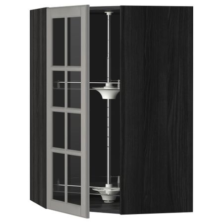 Угловой навесной шкаф с вращающающейся секцией, стеклянными дверцами МЕТОД, черный, Будбин серый