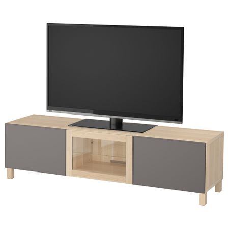 Тумба под ТВ с ящиками и дверцей БЕСТО, под беленый дуб Грундсвикен, темно-серый прозрачное стекло (180x40x48 см)